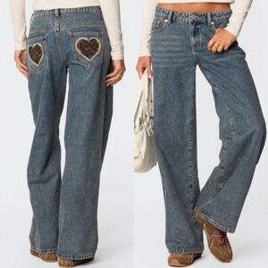 Edikted Leopard Heart Low Rise Baggy Jeans Women’s XL NWT